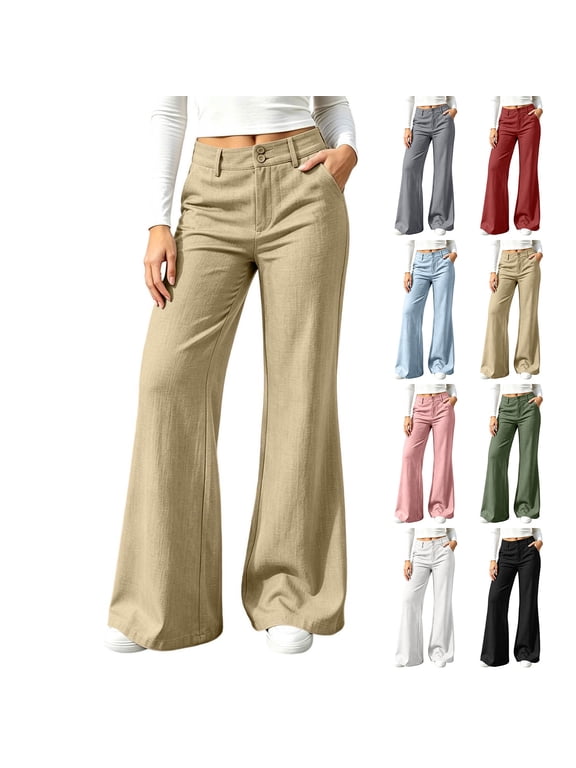 Bootcut Pants for Women Cotton Blend High Waisted Casual Dress Pants Khaki Loose Flare Lounge Work Trousers Size L