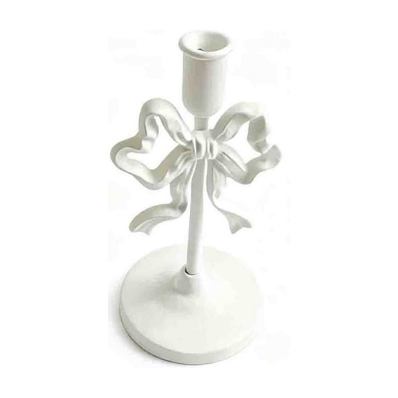 HomeDM Bow Candle Holder, 7.6 inch Metal White Bowknot Taper Candlestick Holders for Pillar Candles, Valentine's Day Wedding Christmas Table Centerpieces Decor