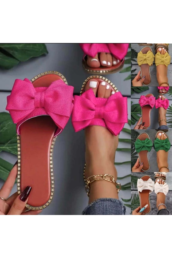Bow Knot Flat Sandals for Women Comfortable Slip On Dressy Summer Leather Round Open Toe Slides, Hot Pink Size 7