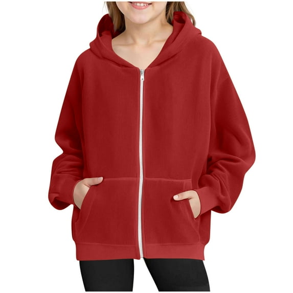 HomeDM Boys Girls Full Zip Hoodie Sweatshirts - Long Sleeve Hooded Sweatshirts with Pockets Fall Winter Jacket Coat for Unisex Kids - Red/6-7 Years