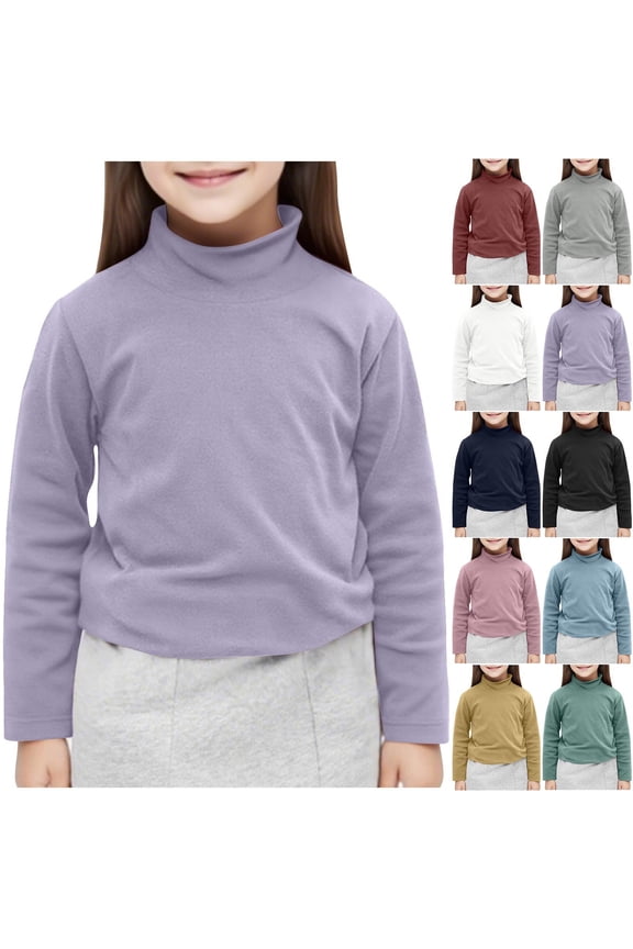 Boys Girls Long Sleeve Thermal Shirts Turtleneck Base Layer T-Shirts Cotton Tops Unisex Kids Solid Color Fall Winter Warm Undershirts, Purple Size 2-3 Years