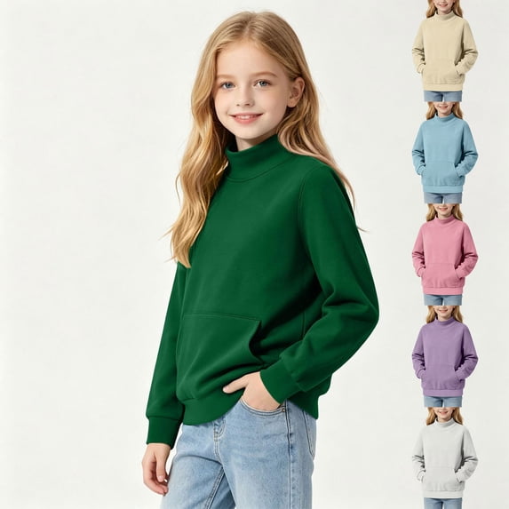 HomeDM Boys Girls Sweatshirts Turtleneck Long Sleeve with Pockets Solid Color Fall Casual Pullover Tops