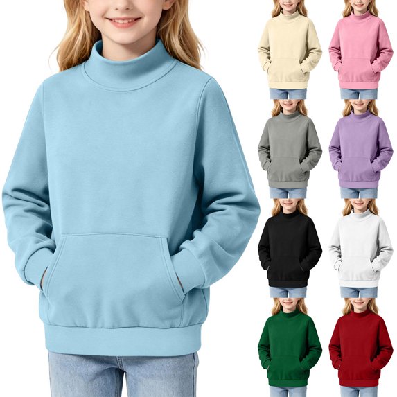 HomeDM Boys Girls Sweatshirts Turtleneck Long Sleeve with Pockets Solid Color Fall Casual Pullover Tops