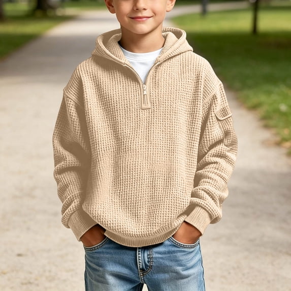 HomeDM Boys Sweatshirt Waffle Knit Half-Zip Hoodie Long Sleeve Pullover Hooded with Sleeve Pocket