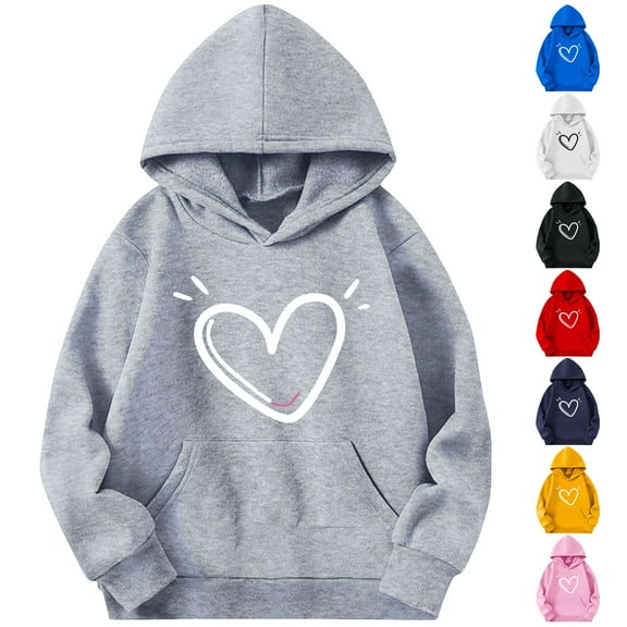 HomeDM Boys and Girls Long Sleeve Hoodie Sweatshirts - Unisex Kids Heart Graphic Fall Winter Warm Pullover Tops with Pockets - Gray/11-12 Years