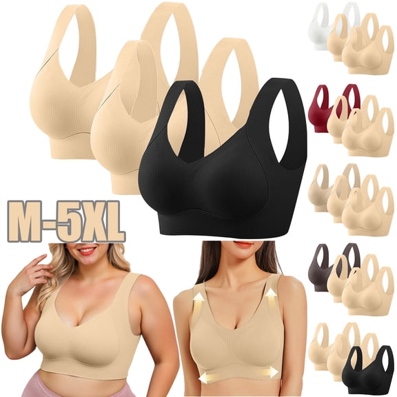 HomeDM Bras for Women - 3 Pack Womens Seamless Wireless Supportive Bras Push Up Comfort Soft No Underwire Full Coverage T-Shirt Bras Plus Size Solid Color Everyday Bras 2*Beige 1*Black