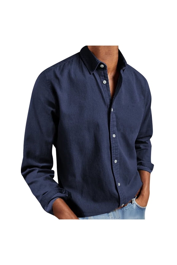 HomeDM Button Down Shirts for Men Solid Color Casual Long Sleeve Business Work Dress Shirt, Dark Blue