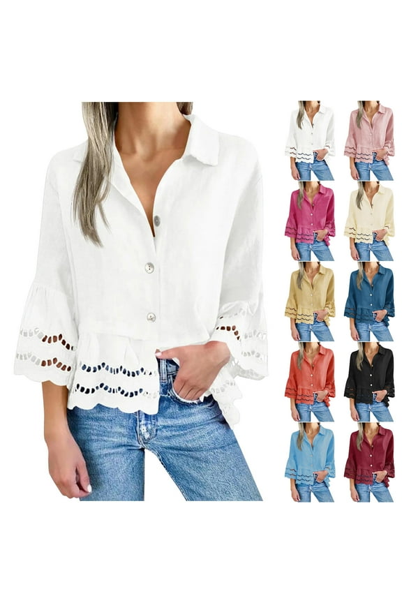 HomeDM Button Down Shirts for Women, 3/4 Length Eyelet Bell Sleeve Summer Dressy Tops, Ruffle Hem Casual Blouse - White/S