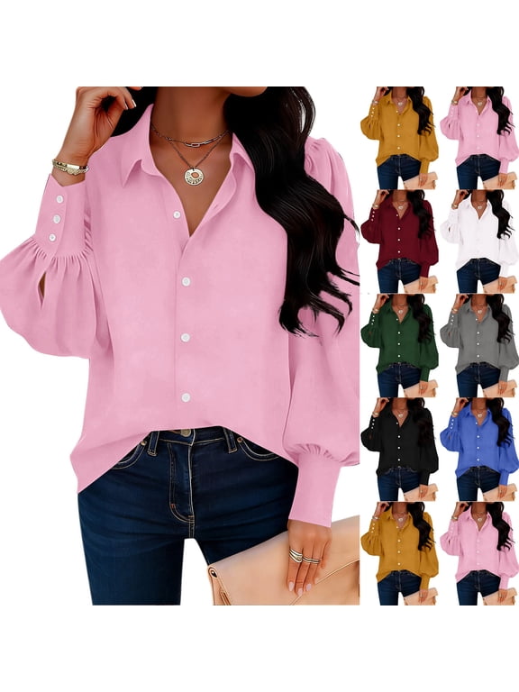 HomeDM Button Down Shirts for Women, Puff Long Sleeve Collared Dress Shirts Work Office Solid Color Blouses - Pink/2XL