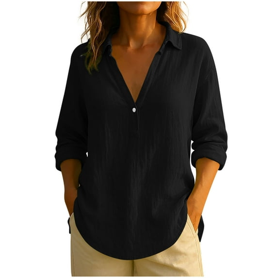 HomeDM Button Down V Neck T-Shirts for Women Cotton Linen Long Sleeve Tunics Tops Solid Color Basic Summer Fall Tee Shirts - Black/S