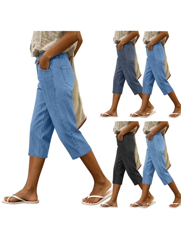 Capri Jeans for Women Wide Leg Pull On Drawstring High Waisted Cropped Denim Pants with Pockets Blue L