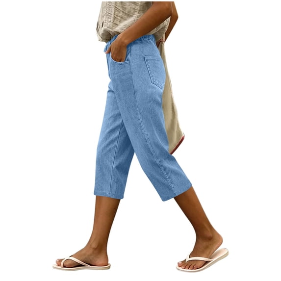 HomeDM Capri Jeans for Women Wide Leg Pull On Drawstring High Waisted Cropped Denim Pants with Pockets Light Blue L