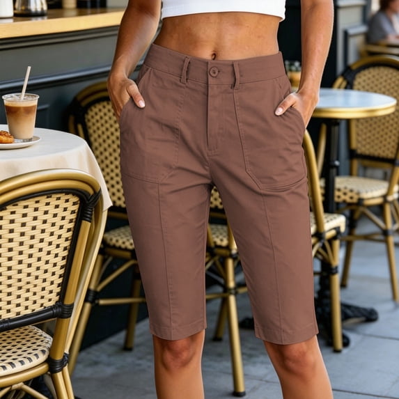 HomeDM Capri Pants for Women Knee Length Casual Work Cargo Shorts Coffee Cropped Pants with Pockets Size L