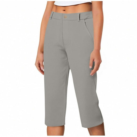HomeDM Capri Pants for Women Wide Leg Yoga Dress Capris with Pockets Loose Fit Casual Work Office Business Pants Solid Color - Gray/L