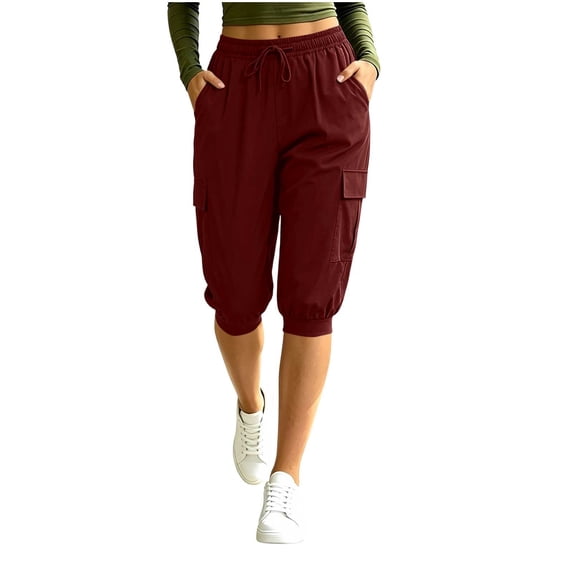 HomeDM Capris Pants for Women Drawstring Waist Cargo Joggers Wine Comfy Workout Lounge Cropped with Pockets Size XL