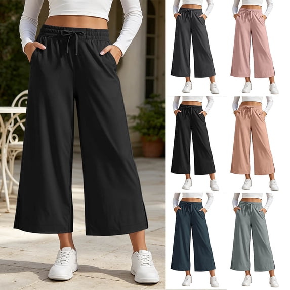 HomeDM Capris Pants for Women Wide Leg Drawstring Loose Pants Black Lounge Trousers with Pockets for Athletic Work Size L