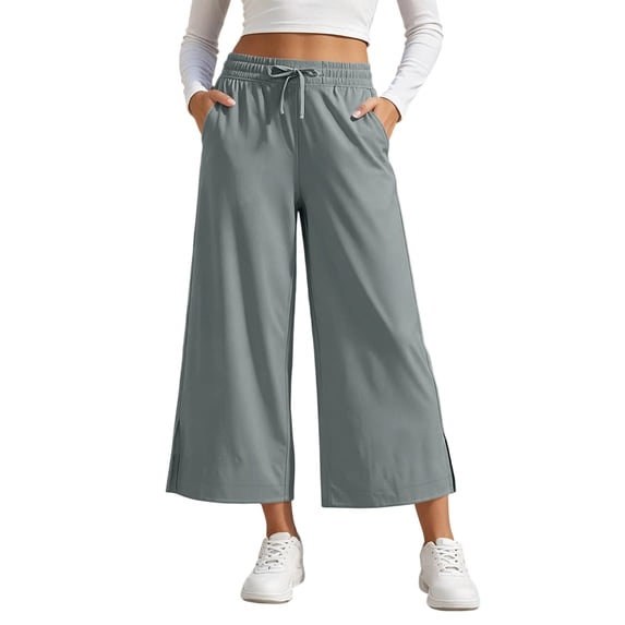 HomeDM Capris Pants for Women Wide Leg Drawstring Loose Pants Gray Lounge Trousers with Pockets for Athletic Work Size S