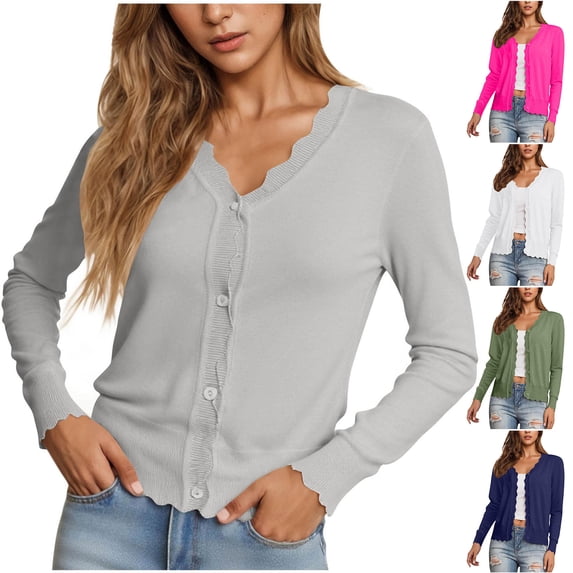 HomeDM Cardigans Sweaters for Women Scalloped Ribbed Trim Long Sleeve Button Open Front
