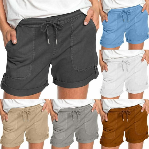 HomeDM Cargo Shorts with Pockets for Women Trendy Solid Color Athletic Shorts Comfy Drawstring Lounge Shorts for Women - Black/L