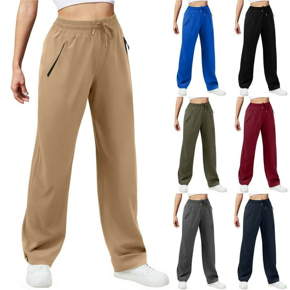 HomeDM Cargo Sweatpants for Women Wide Leg Workout Joggers Pants with Pockets Baggy Fall Lounge Pants Solid Color - Khaki/L