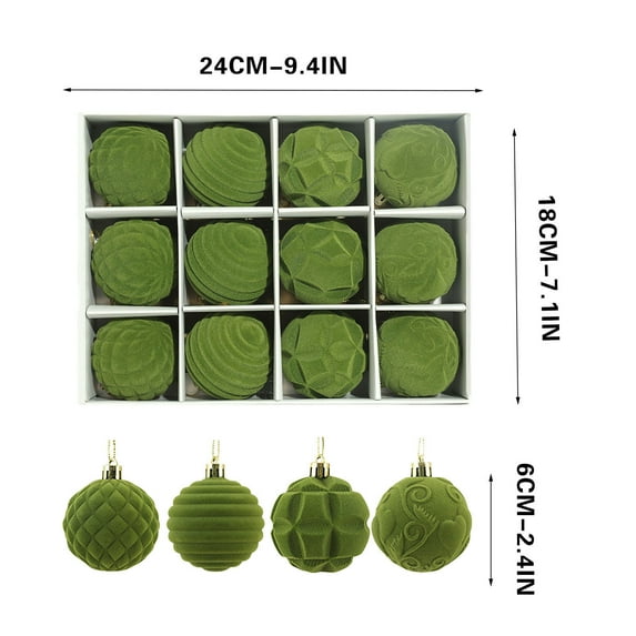 HomeDM Christmas Balls, 2.4"/6cm 12pcs Flocked Christmas Tree Ornaments Balls, Shatterproof Plastic Decorations for Xmas Tree Wreath, Army Green