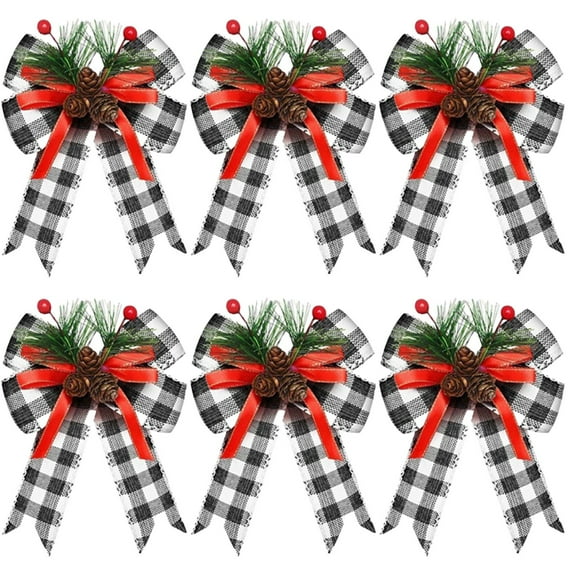HomeDM Christmas Bows Ornament 6Pcs Xmas Ribbon Bowknots for Christmas Tree Decor Crafts Bows Pendants for Wreath Holiday Gift Wrapping Wedding Party Front Door Garland Decorations 5"x6"