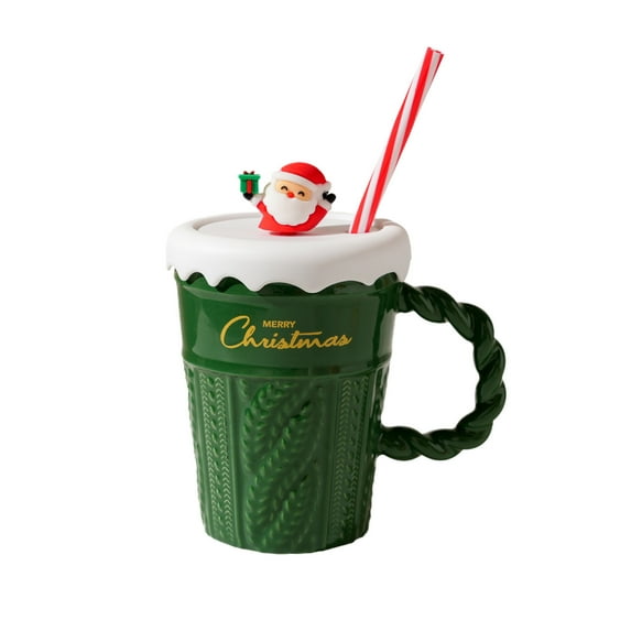 HomeDM Christmas Ceramic Coffee Mug, Merry Christmas Tea Cups with Handle, Travel Mug Coffee Cups with Lid and Straw for Christmas Xmas Gifts for Women Men