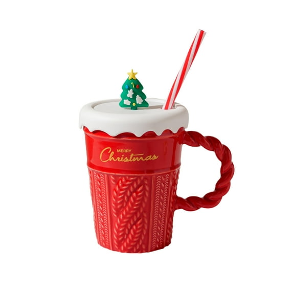 HomeDM Christmas Ceramic Coffee Mug, Merry Christmas Tea Cups with Handle, Travel Mug Coffee Cups with Lid and Straw for Christmas Xmas Gifts for Women Men