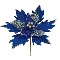 HomeDM Christmas Glitter Poinsettia Flowers 13 Inch Blue Christmas Tree Ornaments Artificial Flowers with Stems for Xmas Tree Wreath Garland Party Holiday Decor