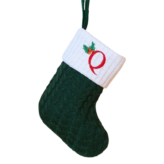 HomeDM Christmas Stockings with 26 Letter, 7.9" Small Knitted Xmas Stockings, Embroidered Christmas Stocking for Xmas Tree Fireplace Party Decoration Green, Letter Q