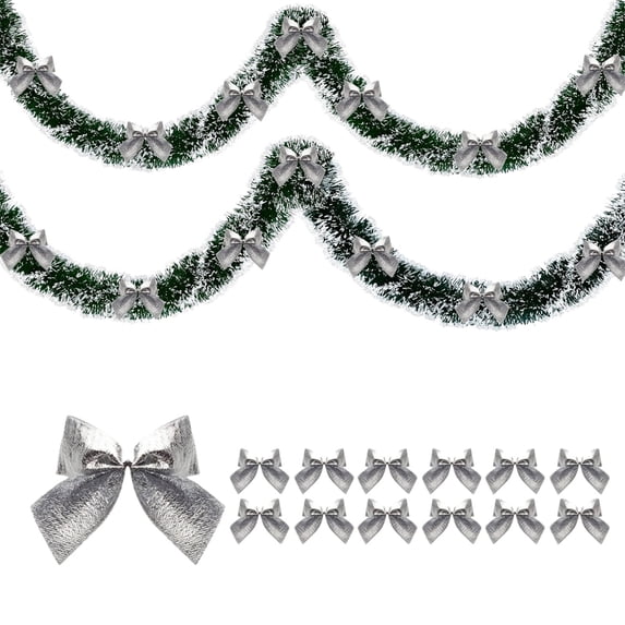 HomeDM Christmas Tinsel Garland, 78.7" Metallic Christmas Tree Garland with 12Pcs Red Bows Indoor Outdoor Christmas Holiday Party Home Decor