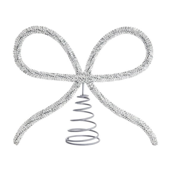 HomeDM Christmas Tree Topper Bow Ornament Silver Metal Rhinestone Bow Tree Topper Decoration 10" X 8" Xmas Tree Toppers Bows for Home Wedding Party Decor
