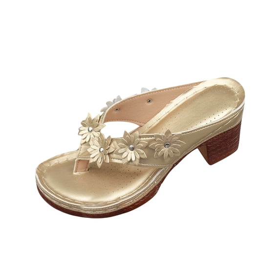 HomeDM Chunky Heels Thong Sandals for Women Round Open Toe Flip-Flops Comfort Summer Beach Vacation Sandals, Size 6.5