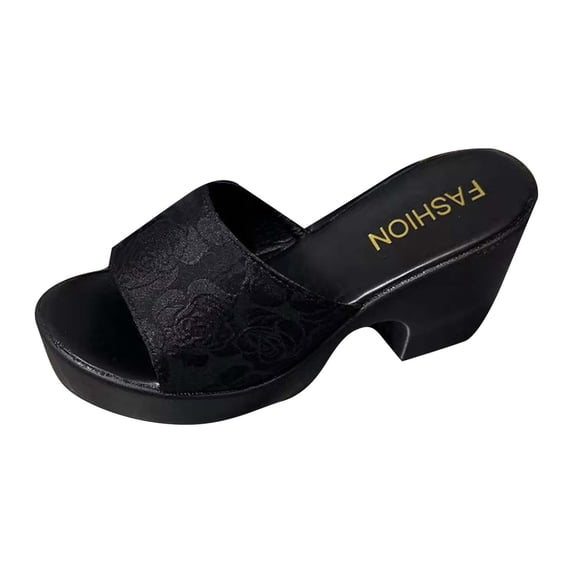 HomeDM Chunky Platform Sandals for Women Slip on Round Open Toe Block Heel Summer Sandals, Black Size 9