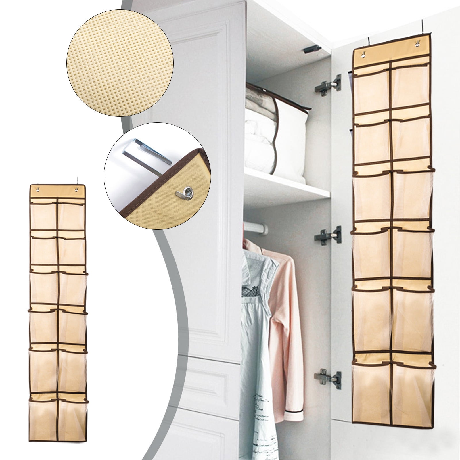 2-Pack Over-The-Door Shoe Organizers - 12 Clear Mesh Pockets Each For Shoes, Toys & Storage (Brown, Narrow Door) - View #12