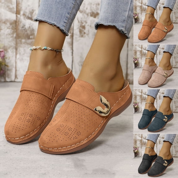 HomeDM Clogs for Women Wedge Sandals Slip-On Closed Toe Mules Comfort Breathable Cut-out Sandals, Brown Size 5.5
