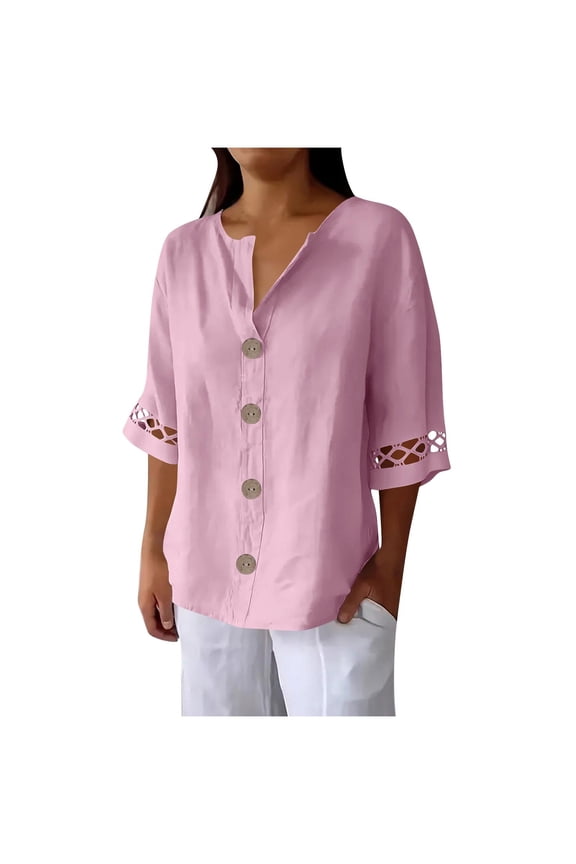 HomeDM Cotton Linen Shirts for Women, 3/4 Sleeve Button Down Crew Neck Solid Color Loose Fit Summer Tops - Pink/2XL