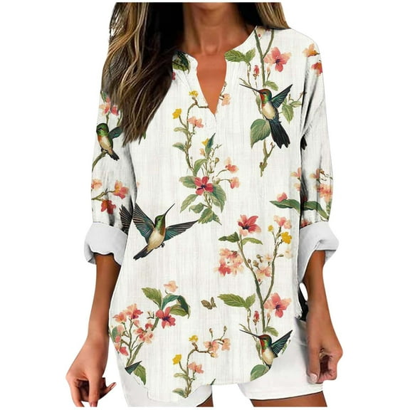 HomeDM Cotton Long Sleeve Shirts for Women Casual V Neck T-Shirts Trendy Floral Business Work Tee Tops Loose Fall Blouses, Size S-5XL