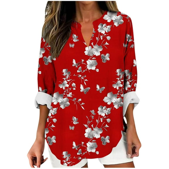 HomeDM Cotton Long Sleeve Shirts for Women Casual V Neck T-Shirts Trendy Floral Business Work Tee Tops Loose Fall Blouses, Size S-5XL