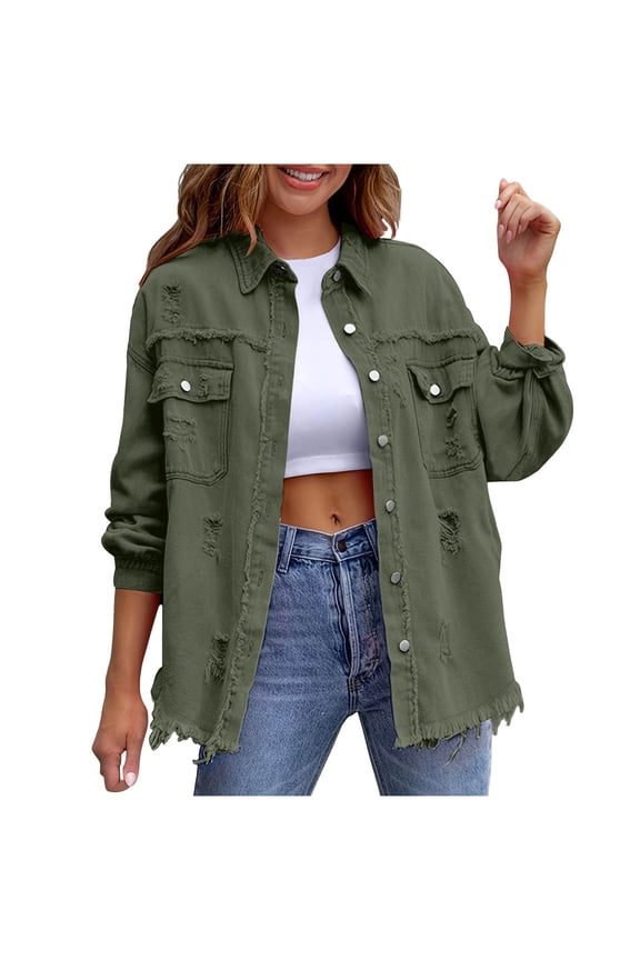 HomeDM Denim Jacket for Women, Classic Basic Button Down Long Sleeve Casual Fall Ripped Jean Outerwear with Pockets, Army Green