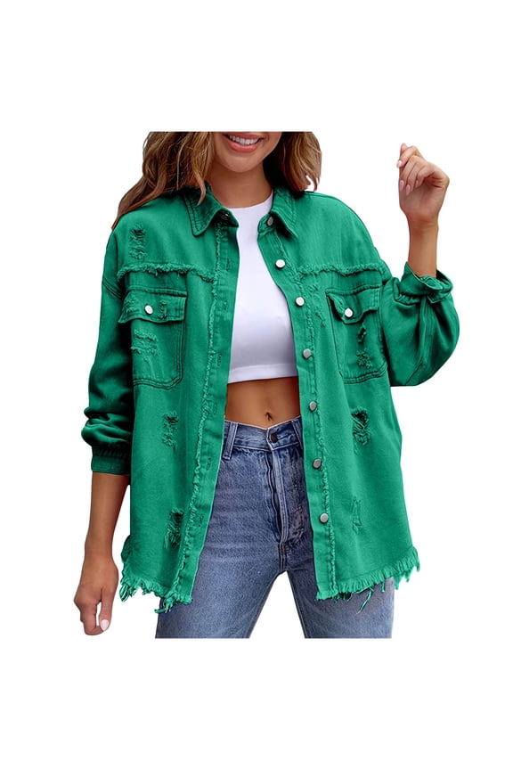 HomeDM Denim Jacket for Women, Classic Basic Button Down Long Sleeve Casual Fall Ripped Jean Outerwear with Pockets, Green