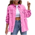 thumbnail image 1 of HomeDM Denim Jacket for Women, Classic Basic Button Down Long Sleeve Casual Fall Ripped Jean Outerwear with Pockets, Hot Pink, 1 of 5