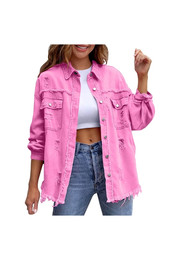 HomeDM Denim Jacket for Women, Classic Basic Button Down Long Sleeve Casual Fall Ripped Jean Outerwear with Pockets, Hot Pink