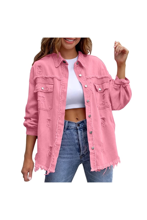 HomeDM Denim Jacket for Women, Classic Basic Button Down Long Sleeve Casual Fall Ripped Jean Outerwear with Pockets, Pink