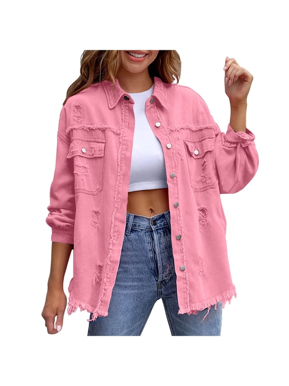 HomeDM Denim Jacket for Women, Classic Basic Button Down Long Sleeve Casual Fall Ripped Jean Outerwear with Pockets, Pink