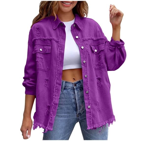 HomeDM Denim Jacket for Women, Classic Basic Button Down Long Sleeve Casual Fall Ripped Jean Outerwear with Pockets, Purple