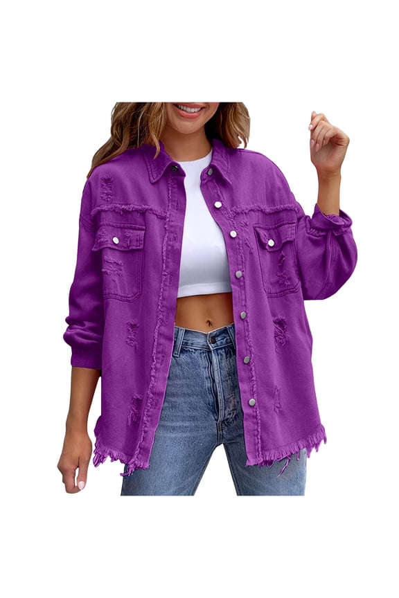 HomeDM Denim Jacket for Women, Classic Basic Button Down Long Sleeve Casual Fall Ripped Jean Outerwear with Pockets, Purple