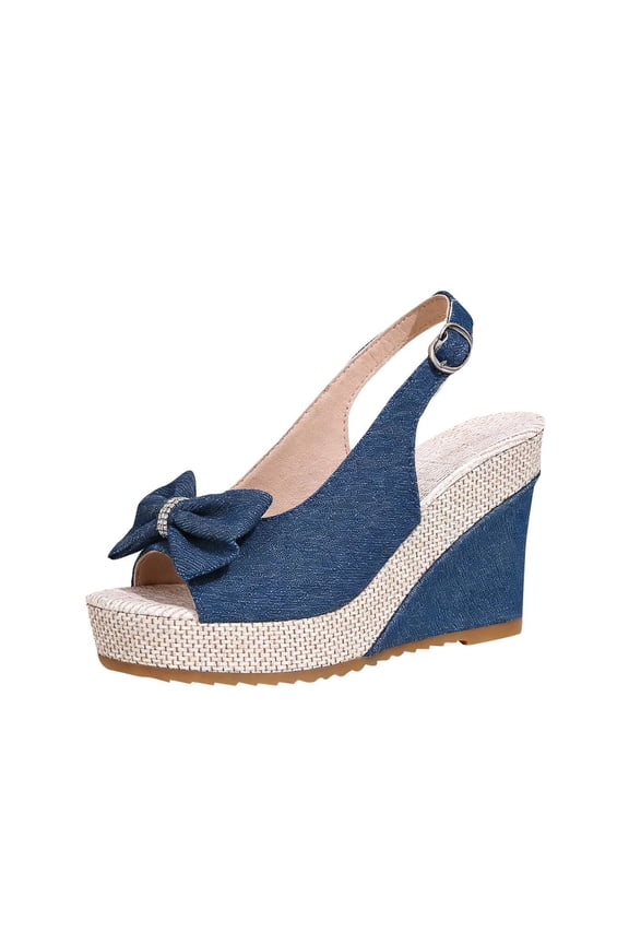 Espadrilles Wedge Heels Sandals for Women Bow Knot Open Toe Slip On Platform Slingback Summer Beach Sandals, Blue Size 8.5