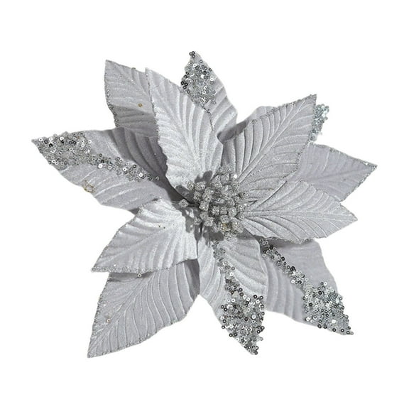 HomeDM Fake Christmas Flowers Poinsettia Artificial Flower 11.8" Christmas Tree Ornaments Christmas Wreath Wedding Party Decorations Glitter Sequin Christmas Flower Gray