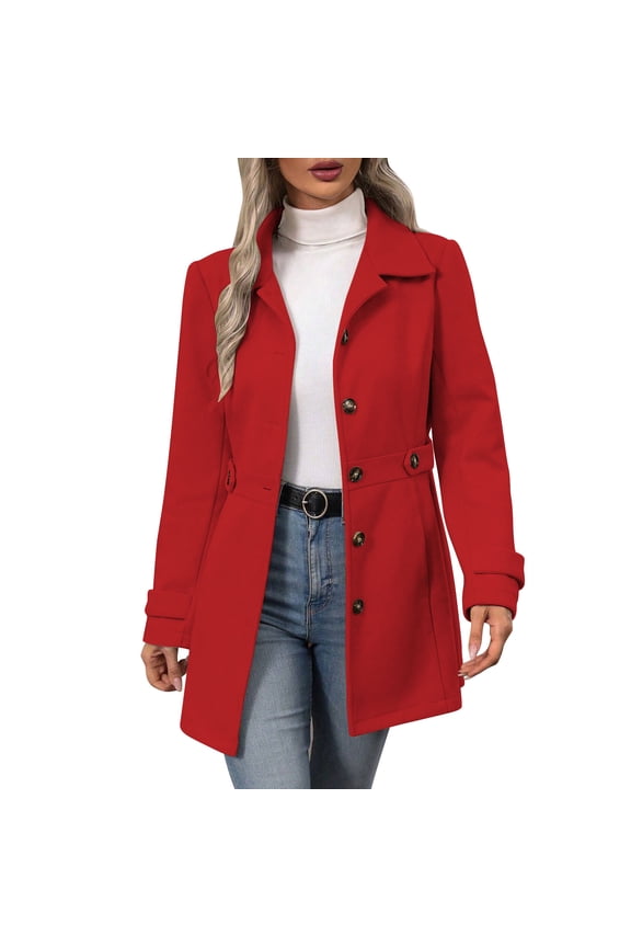 HomeDM Faux Wool Trench Coat for Women, Mid-Length Winter Warm Open Front Button Down Jackets with Pockets, Red